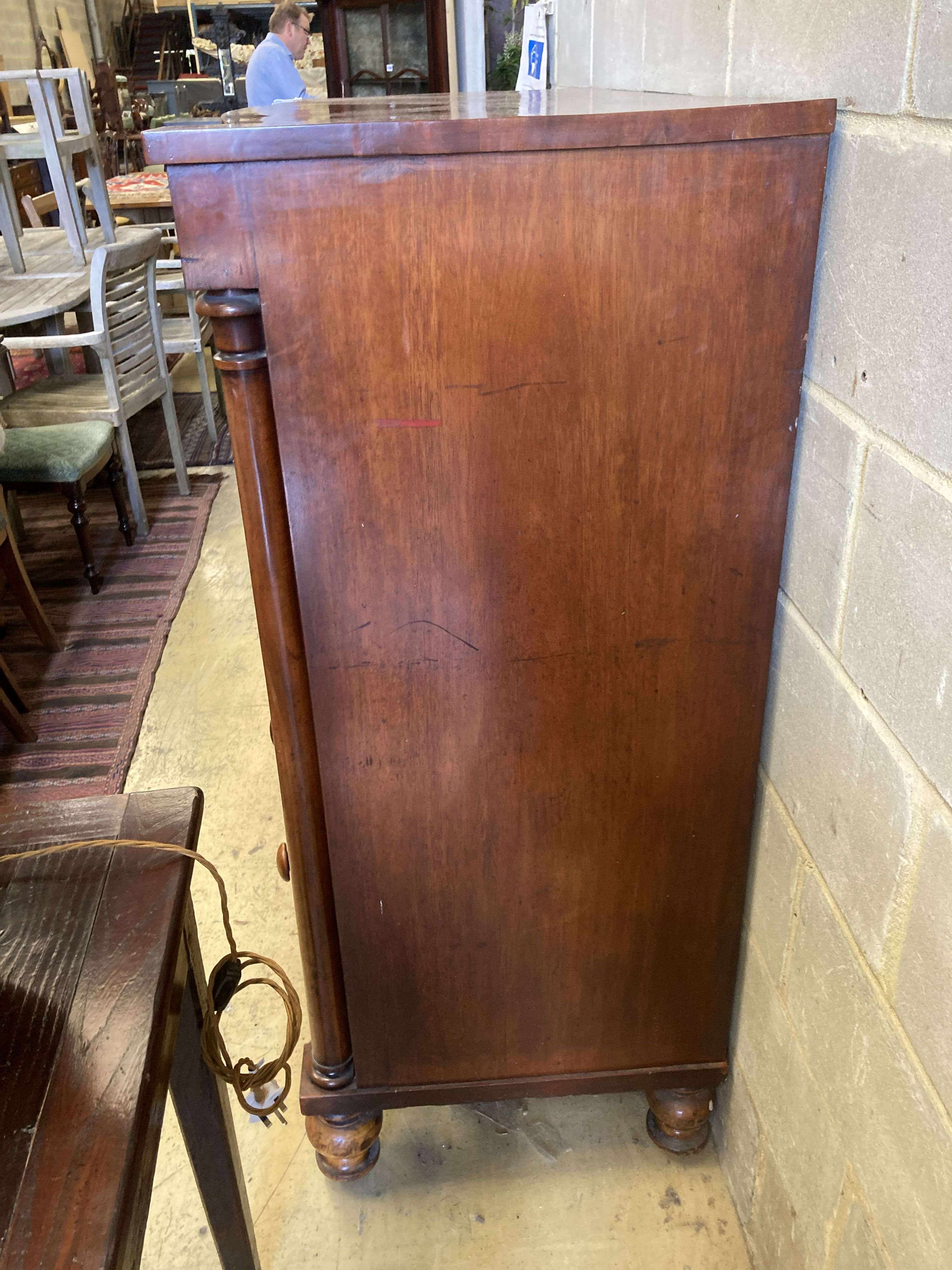 A Victorian mahogany bow front chest, width 120cm, depth 57cm, height 137cm